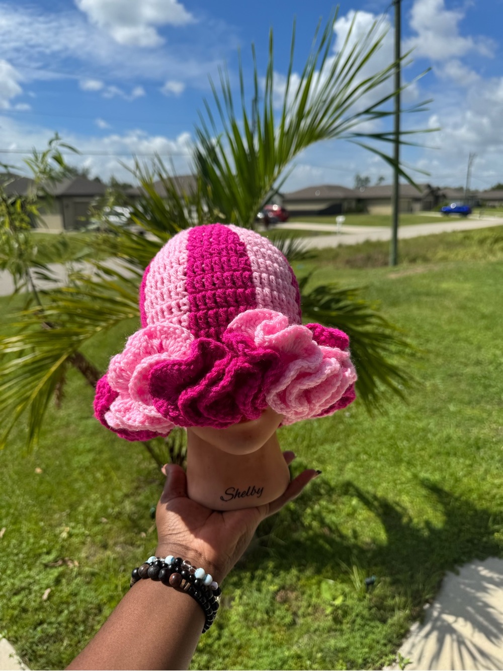 Handcrafted Pink Crochet Ruffle Bucket Hat - Picture 4 of 6